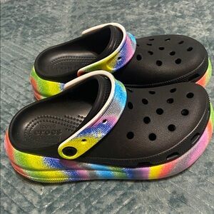 CROCS Black Clogs with Rainbow Tie-Dye